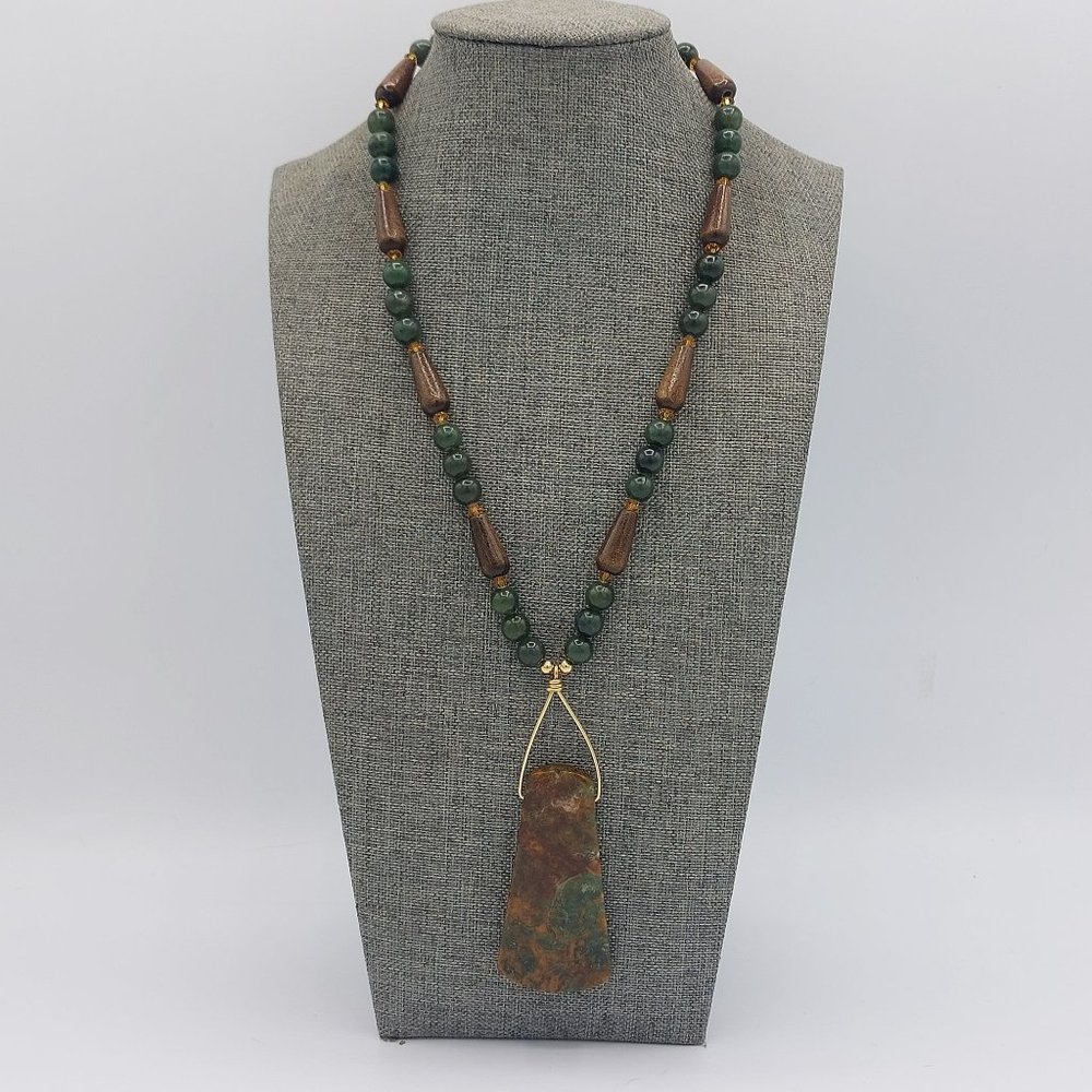 Semi Precious Stone Necklace Green Brown Gold Toned Statement Pendant Natural Ro